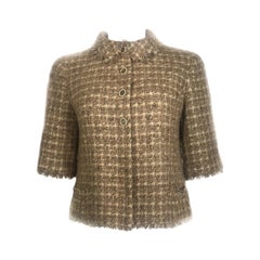 Vintage CHANEL Brown Metallic Tweed Short Sleeve Jacket w/ CC and Pearl Buttons