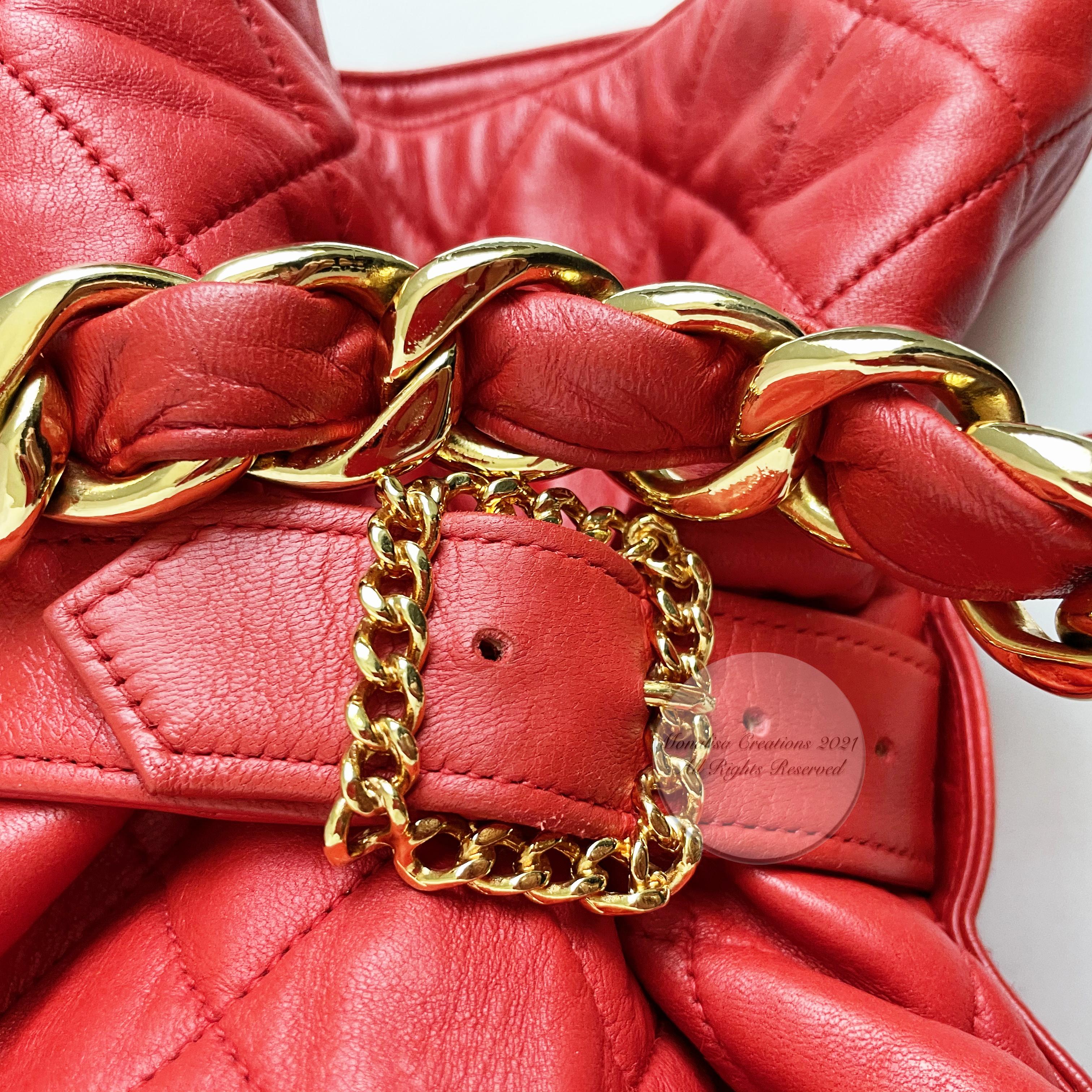 Vintage Chanel Buckle Bag Red Matelasse Leather with Chain Strap F/W 1992 Rare In Good Condition In Port Saint Lucie, FL