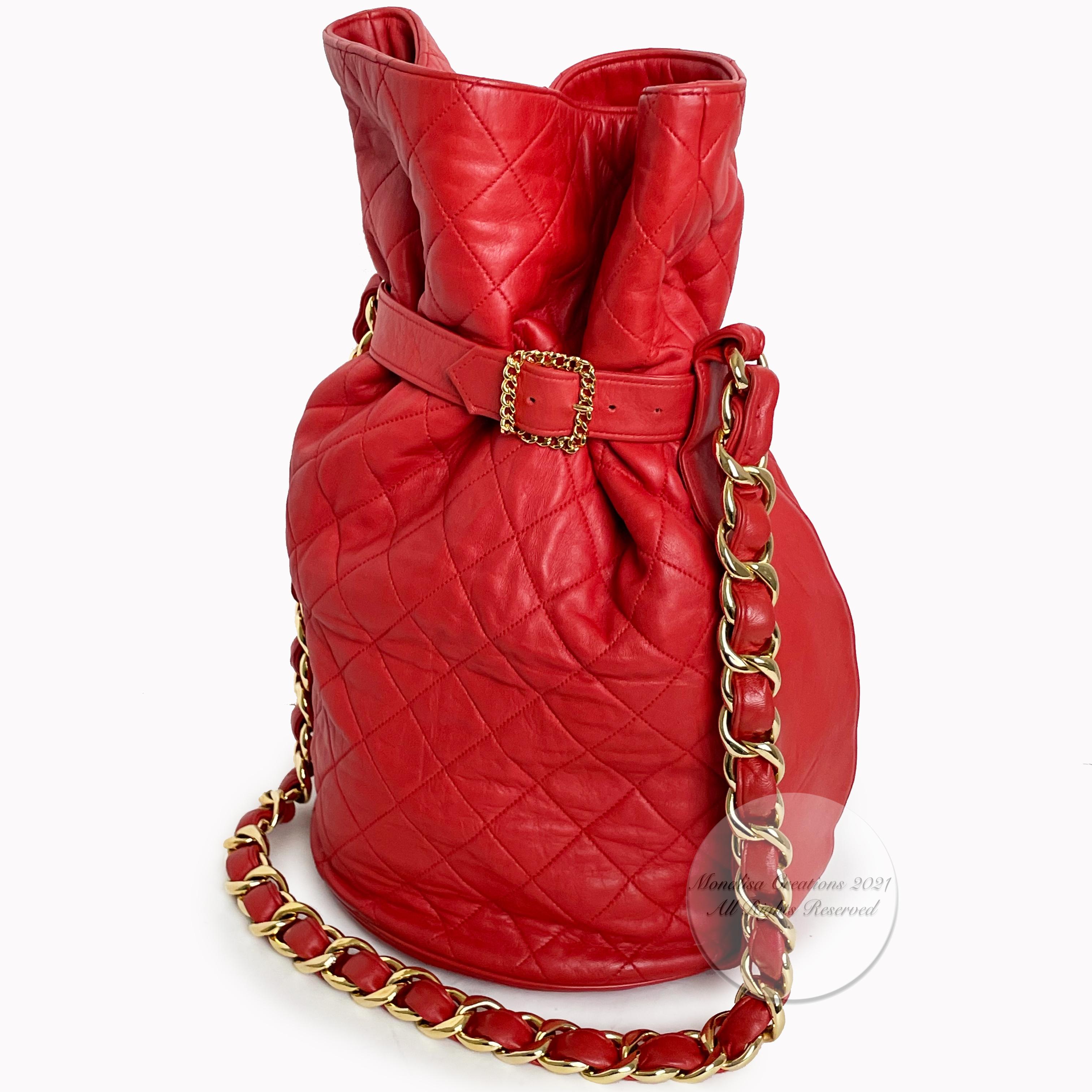 Women's or Men's Vintage Chanel Buckle Bag Red Matelasse Leather with Chain Strap F/W 1992 Rare For Sale