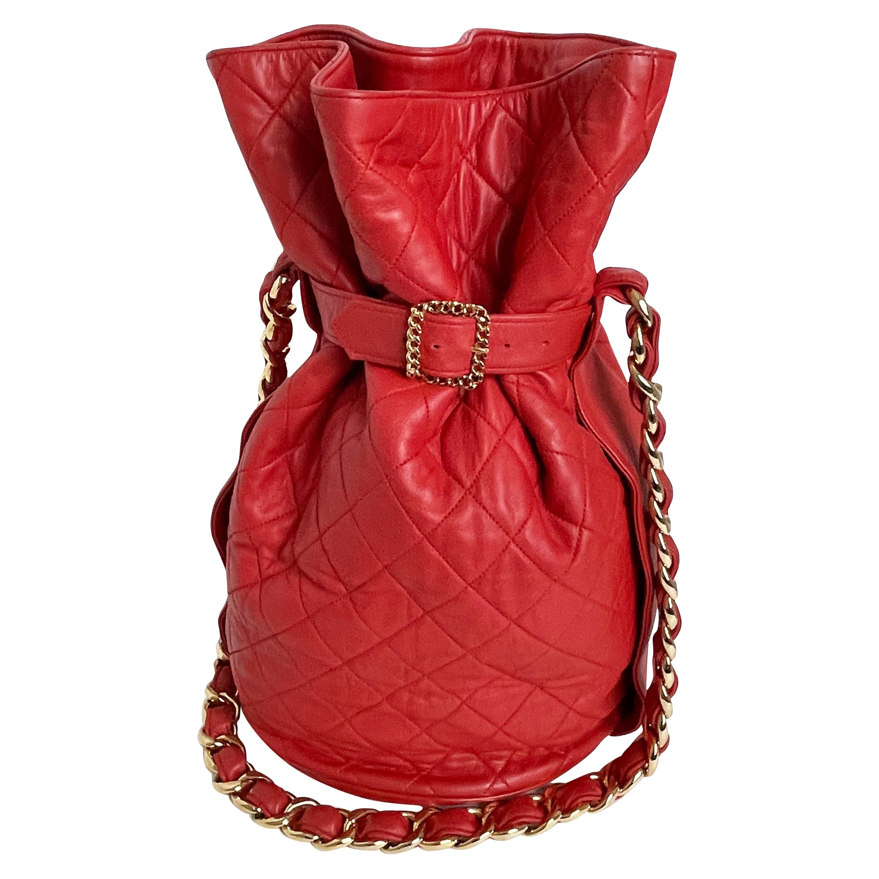 Vintage Chanel Buckle Bag Red Matelasse Leather with Chain Strap F/W 1992 Rare For Sale