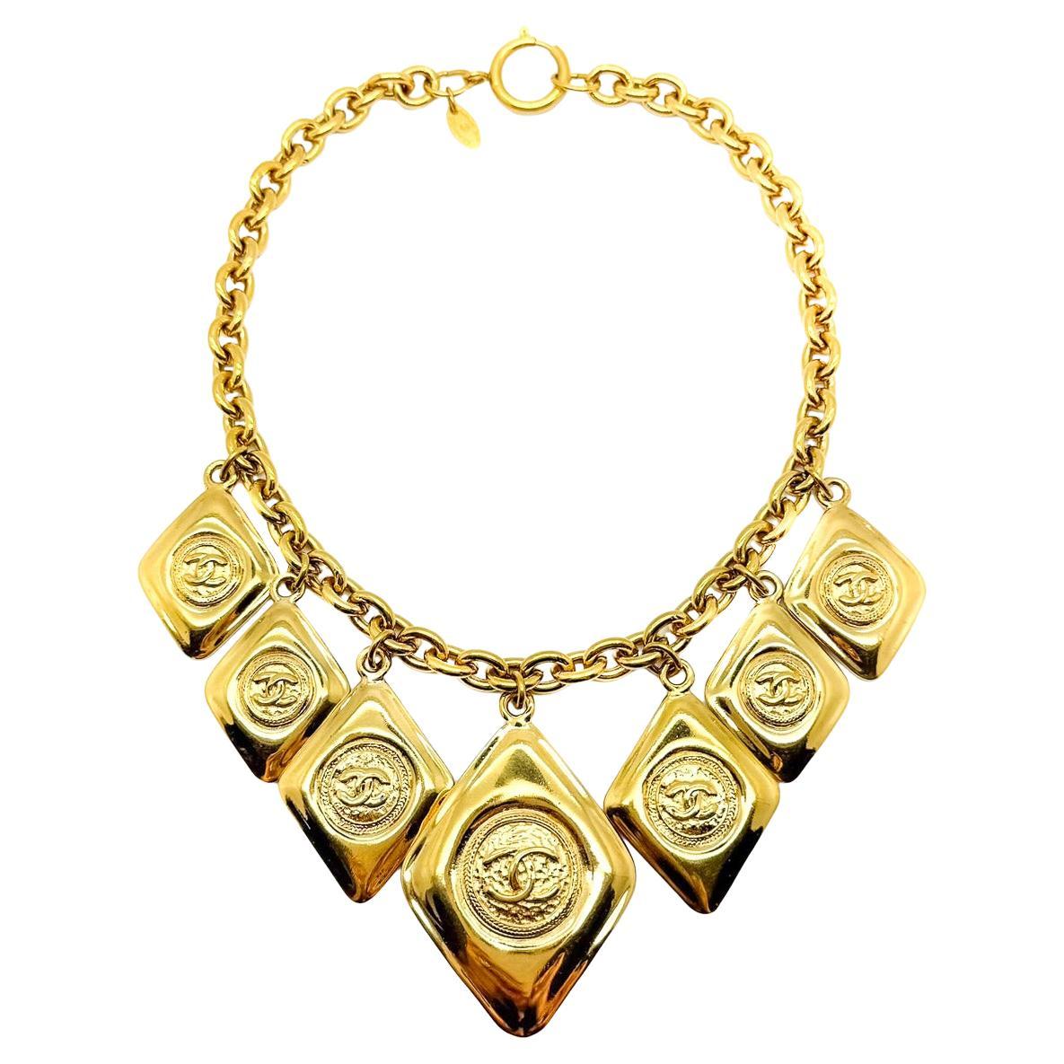 Vintage Chanel by Lagerfeld Rhombus Logo Charm Necklace 1980s For Sale