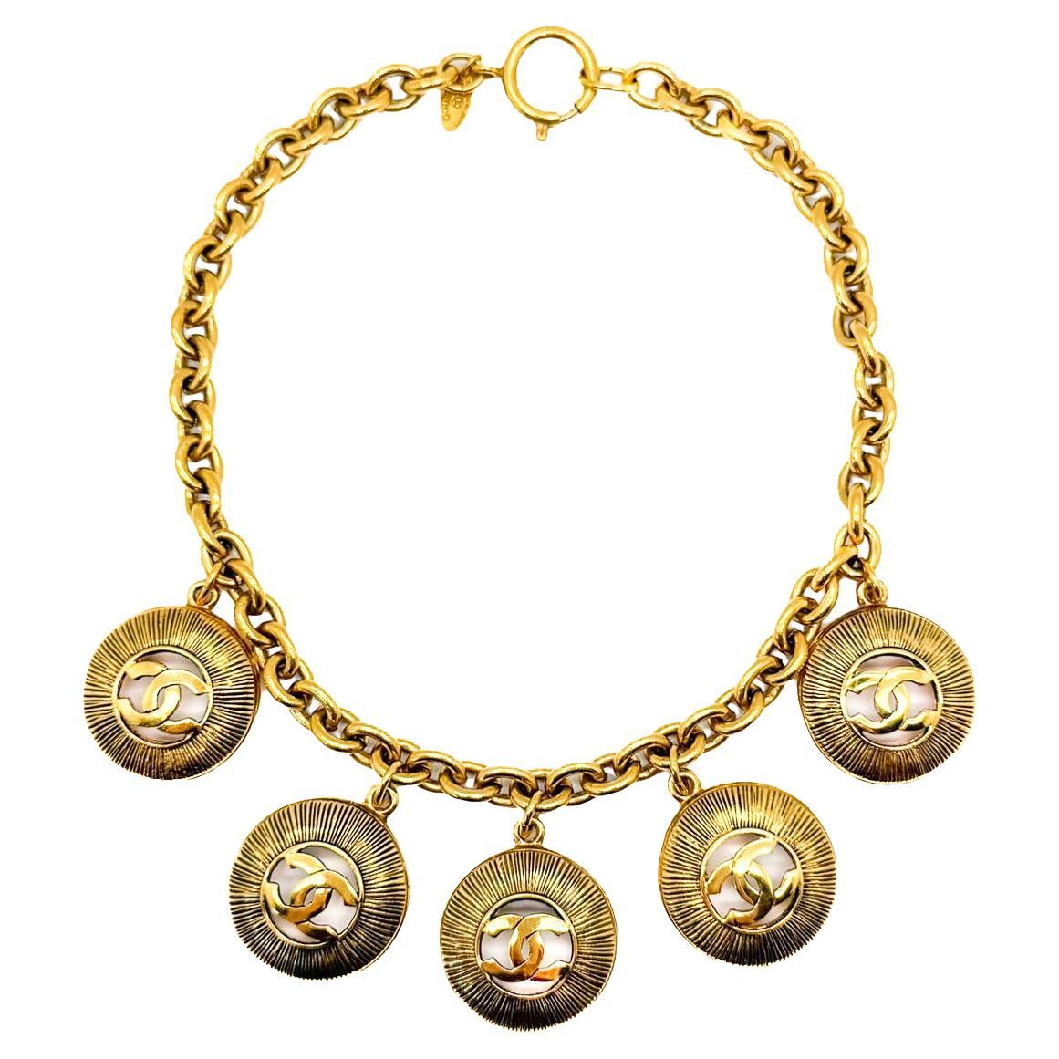 Vintage Chanel by Lagerfeld Sunburst Logo Charm Necklace 1980s For Sale