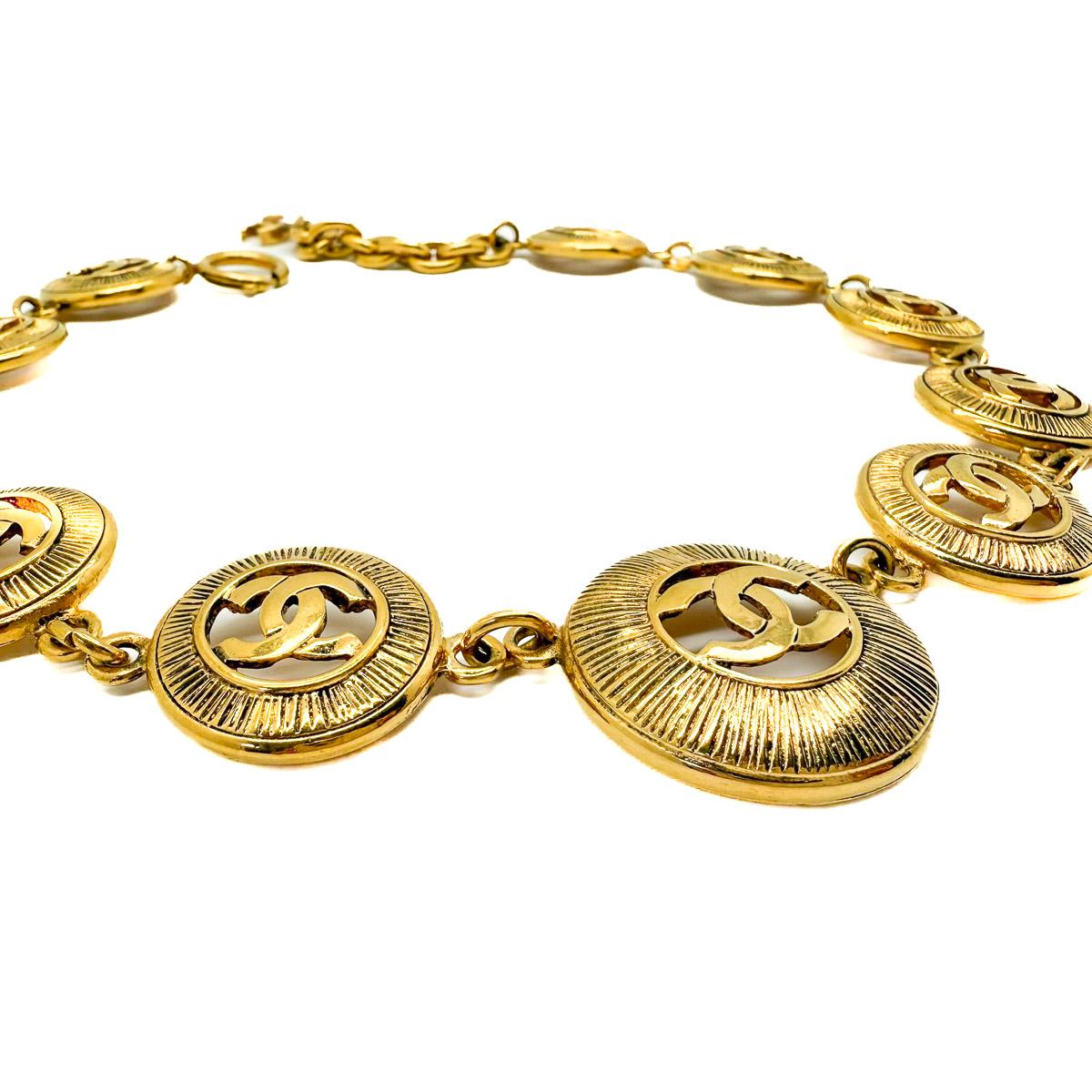 A Vintage Chanel Sunburst Medallion Collar. A major part of her eponymous House since 1923, Gabrielle Chanel’s jewel legacy is unparalleled. A passionate innovator and champion of ‘bijoux de couture’ or ‘costume jewellery’, Gabrielle made ‘faux’ de
