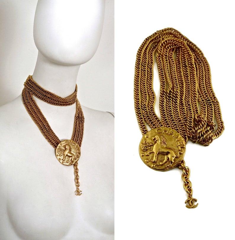Brown Vintage CHANEL by Robert Goossens Lion Medallion Triple Chain Necklace Belt For Sale