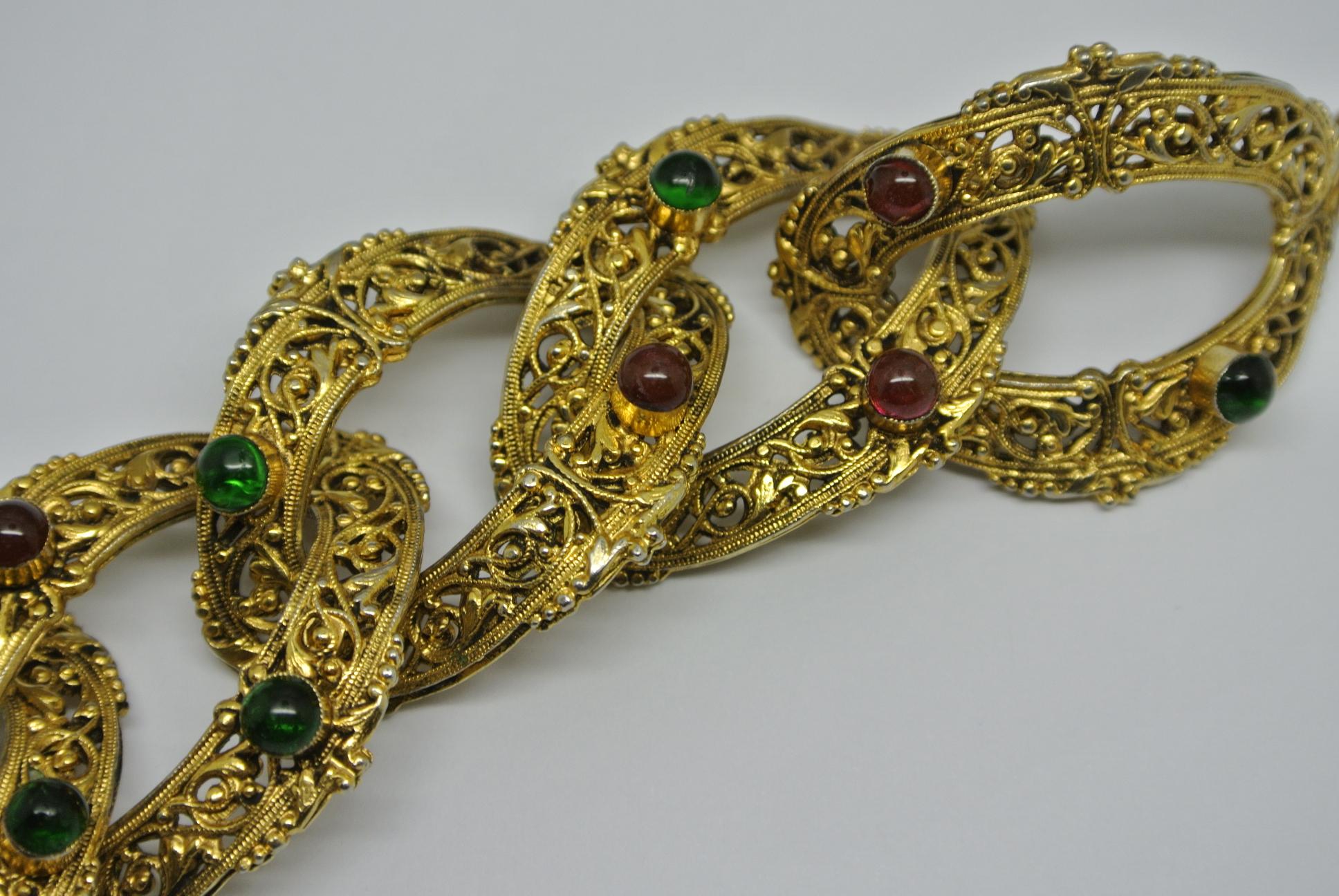 Vintage Chanel Byzantine Filigree Green Red Poured Glass Bracelet In Fair Condition For Sale In Yuting Ren, GB