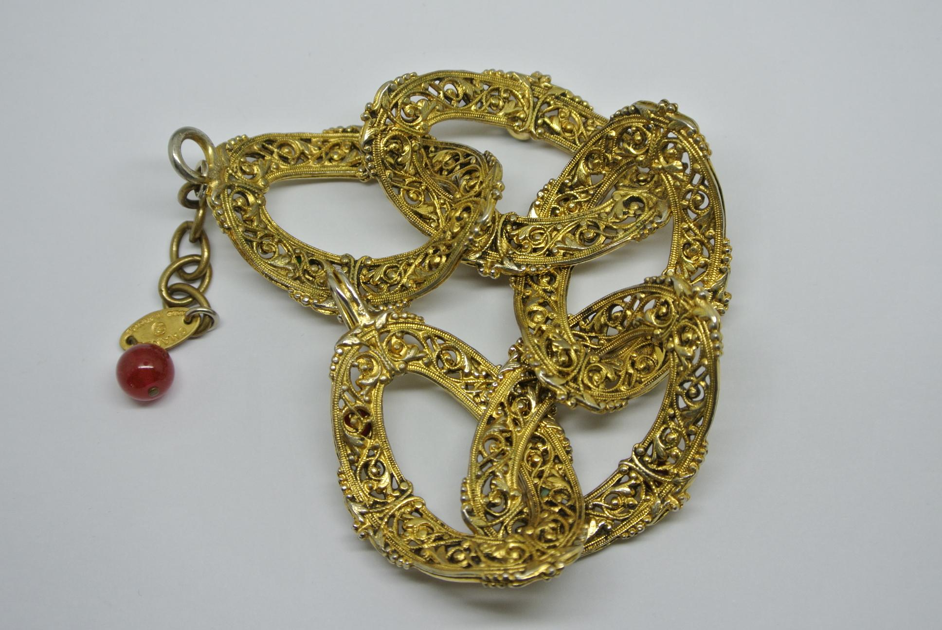 Vintage Chanel Byzantine Filigree Green Red Poured Glass Bracelet For Sale 2