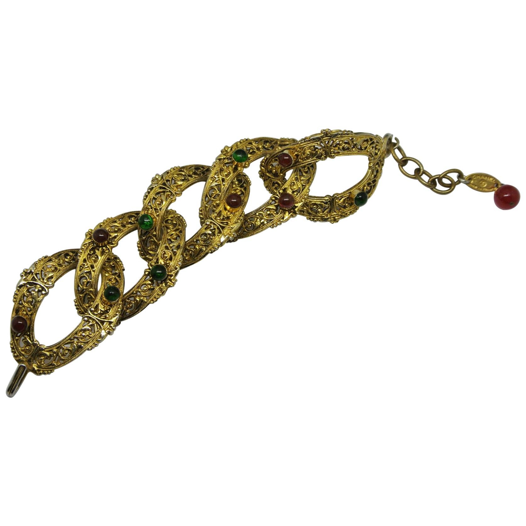 Vintage Chanel Byzantine Filigree Green Red Poured Glass Bracelet For Sale