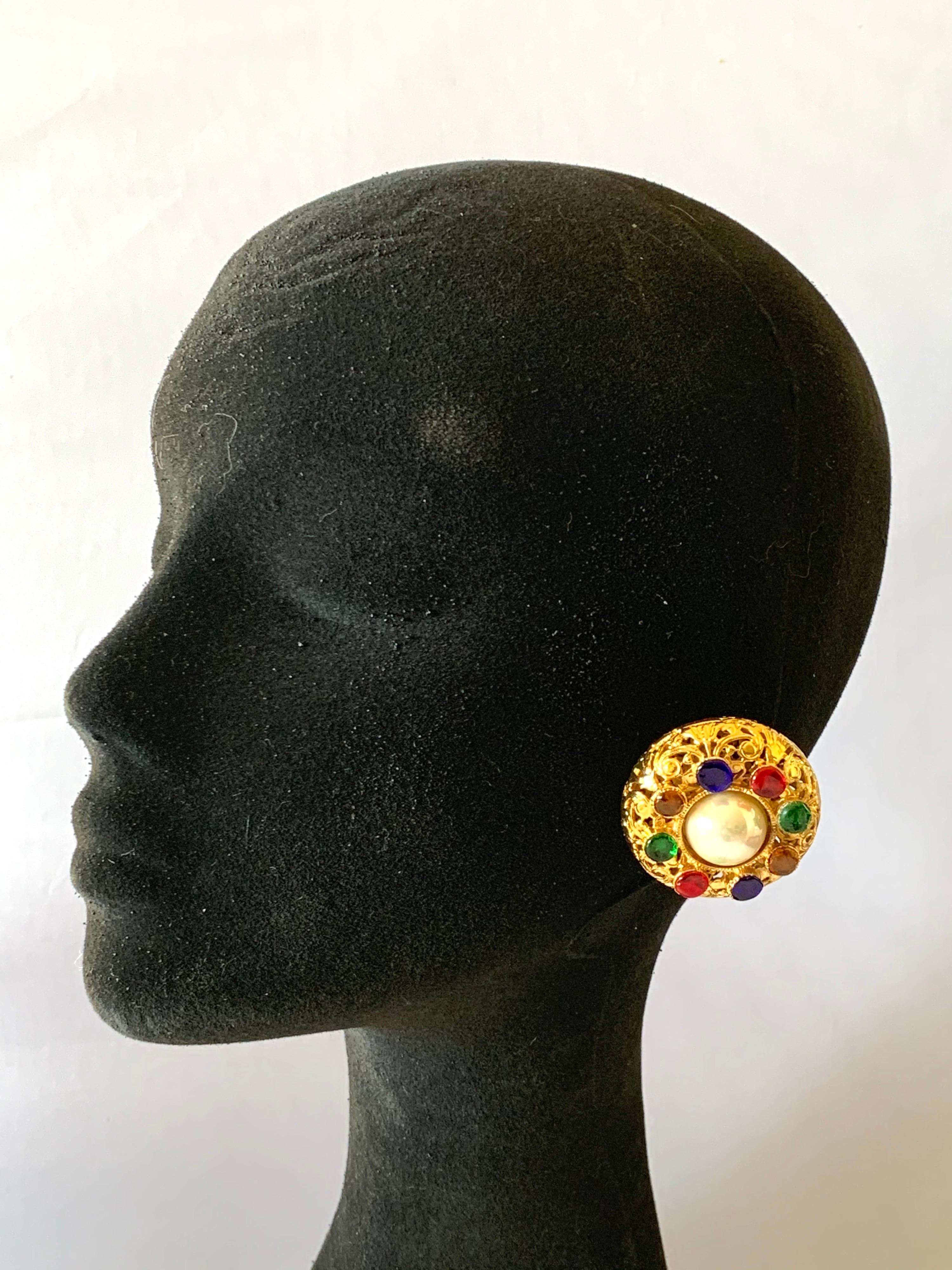 Round Cut Vintage Chanel Byzantine Gilt Pearl Pate de Verre Round Statement Earrings 