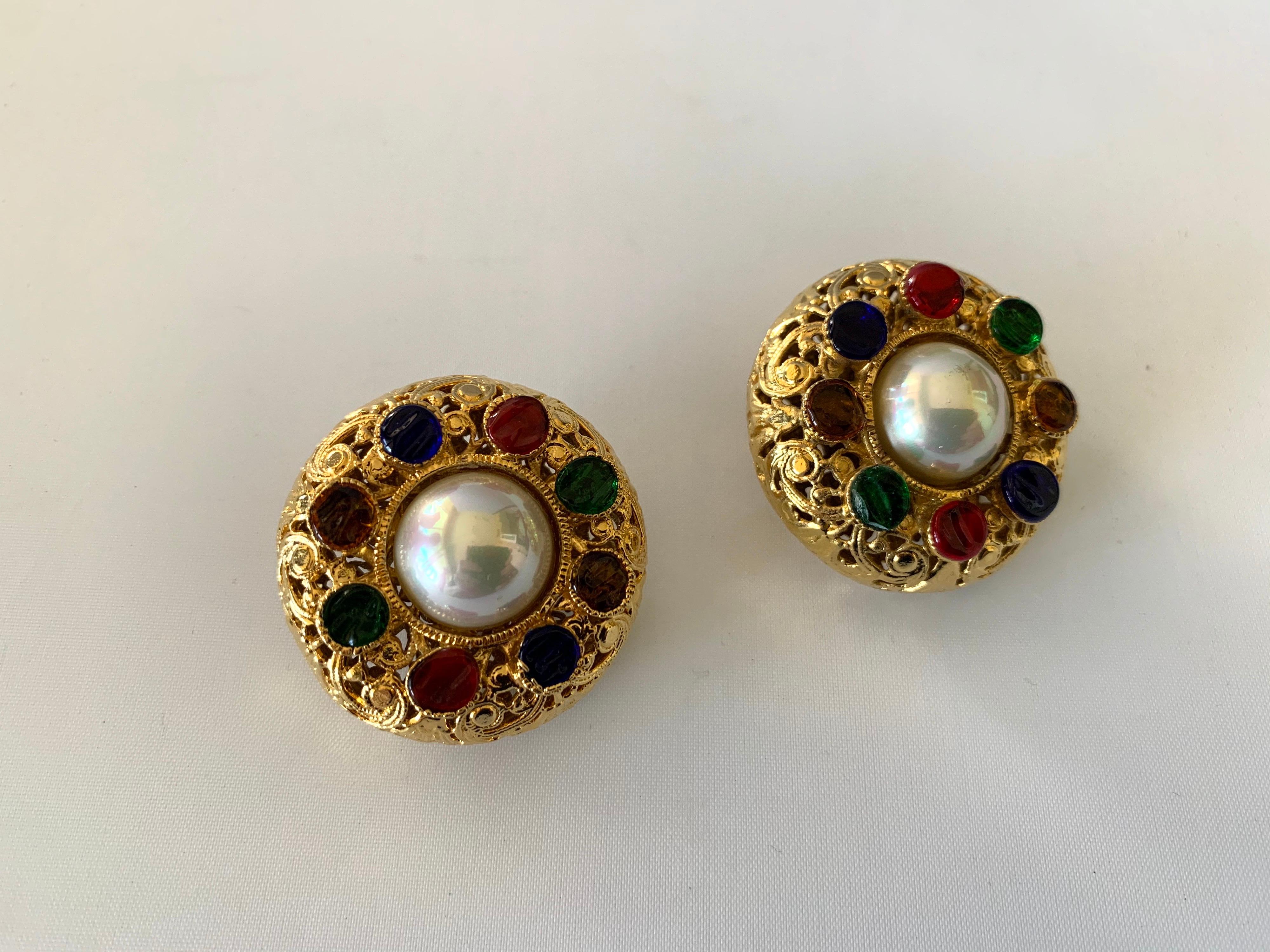 Vintage Chanel Byzantine Gilt Pearl Pate de Verre Round Statement Earrings  1