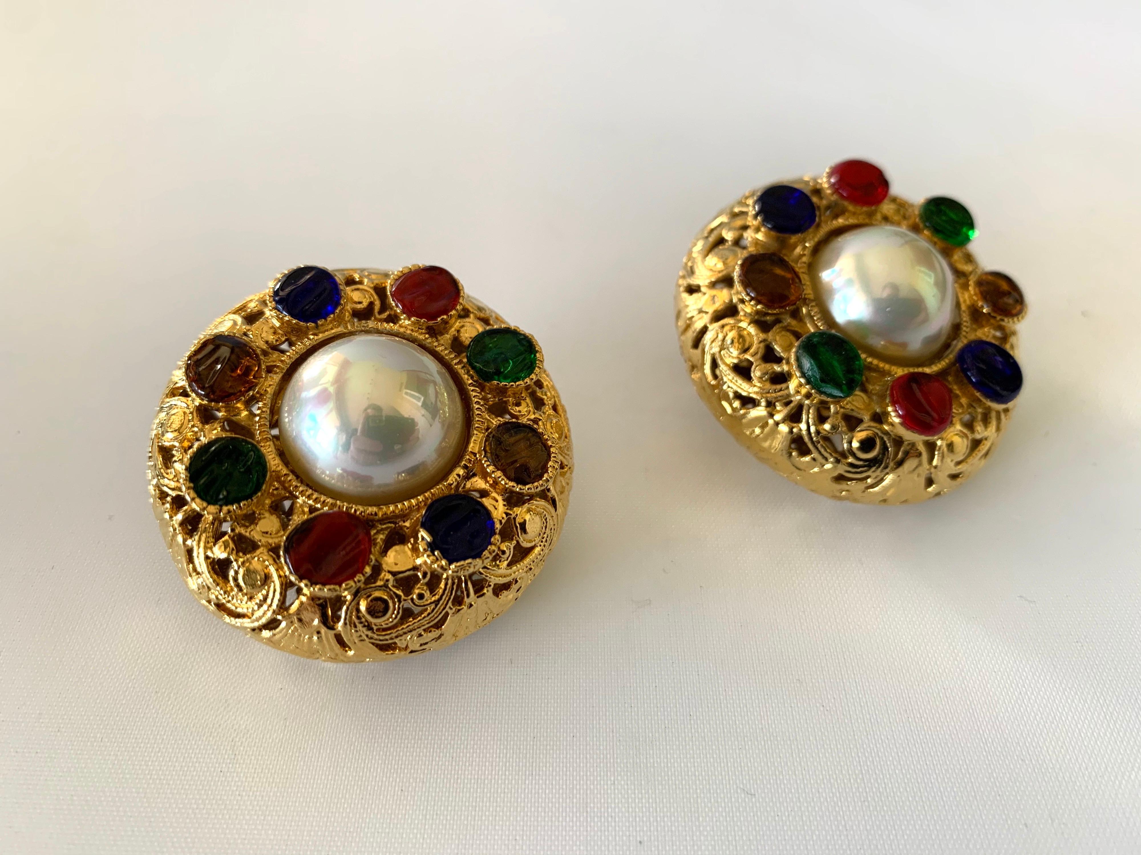 Vintage Chanel Byzantine Gilt Pearl Pate de Verre Round Statement Earrings  2