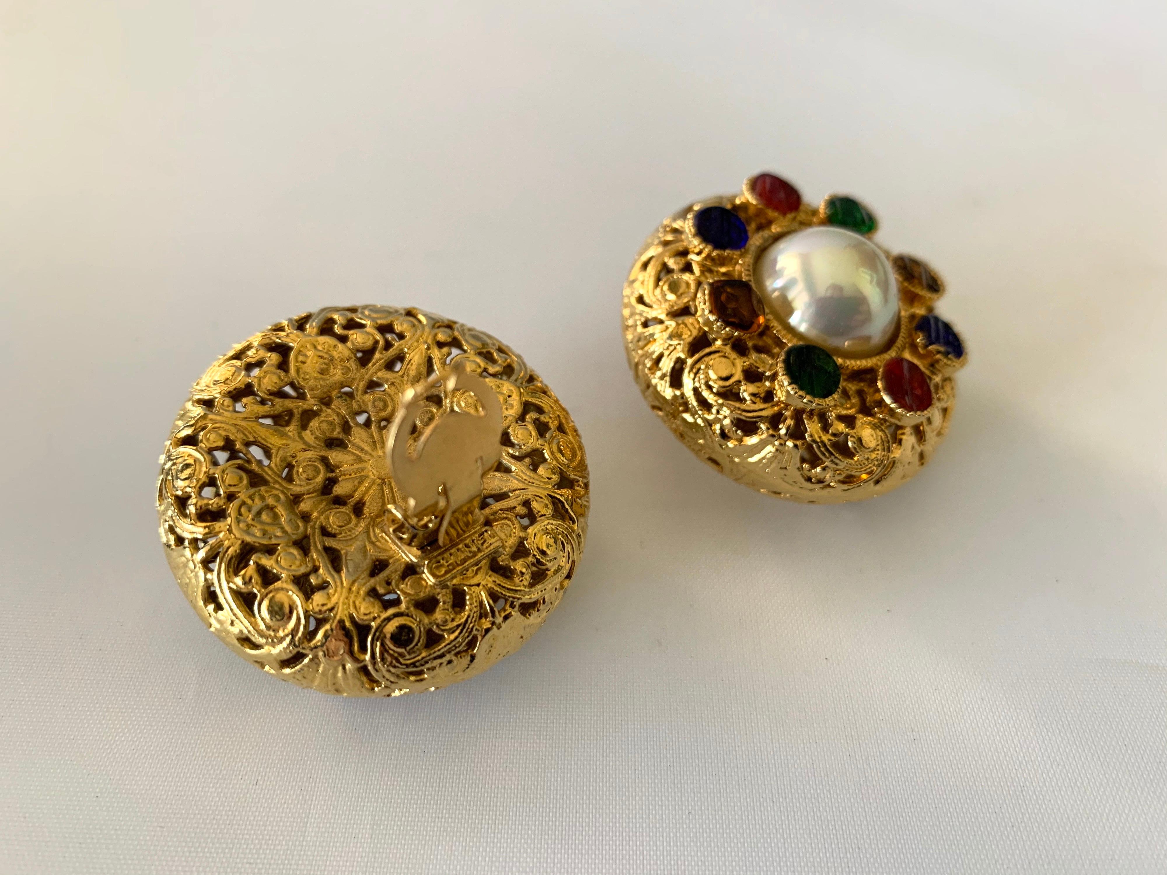 Vintage Chanel Byzantine Gilt Pearl Pate de Verre Round Statement Earrings  3