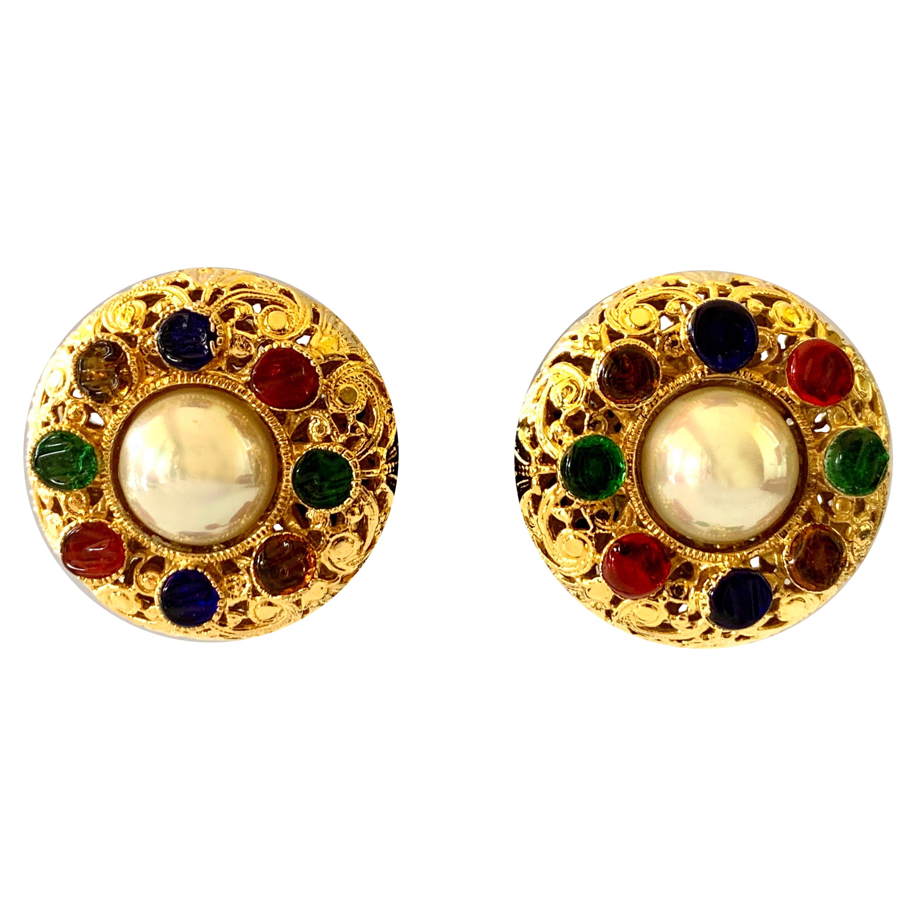 Vintage Chanel Byzantine Gilt Pearl Pate de Verre Round Statement Earrings 