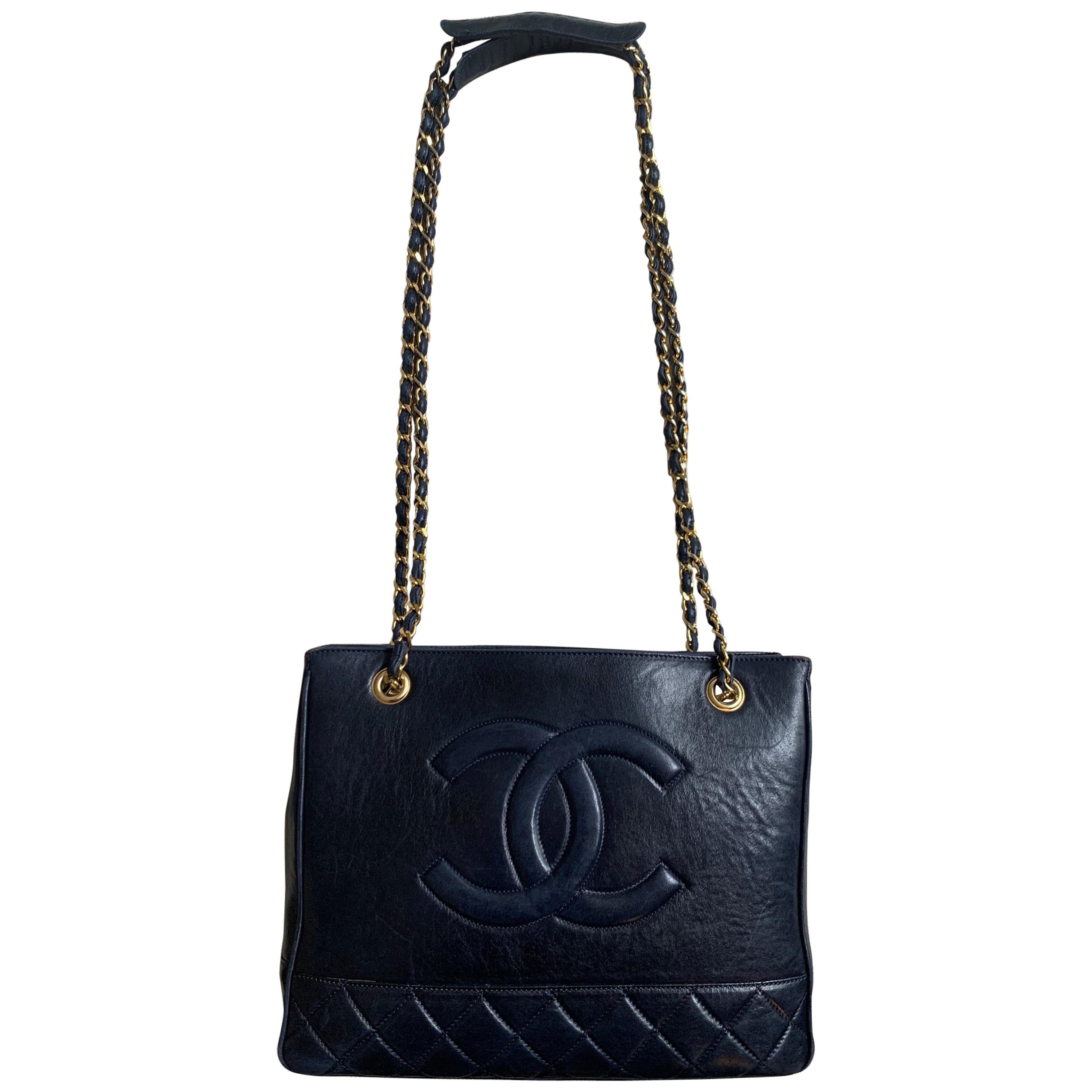 Vintage Chanel Cabas bag Navy leather and gold chain  For Sale