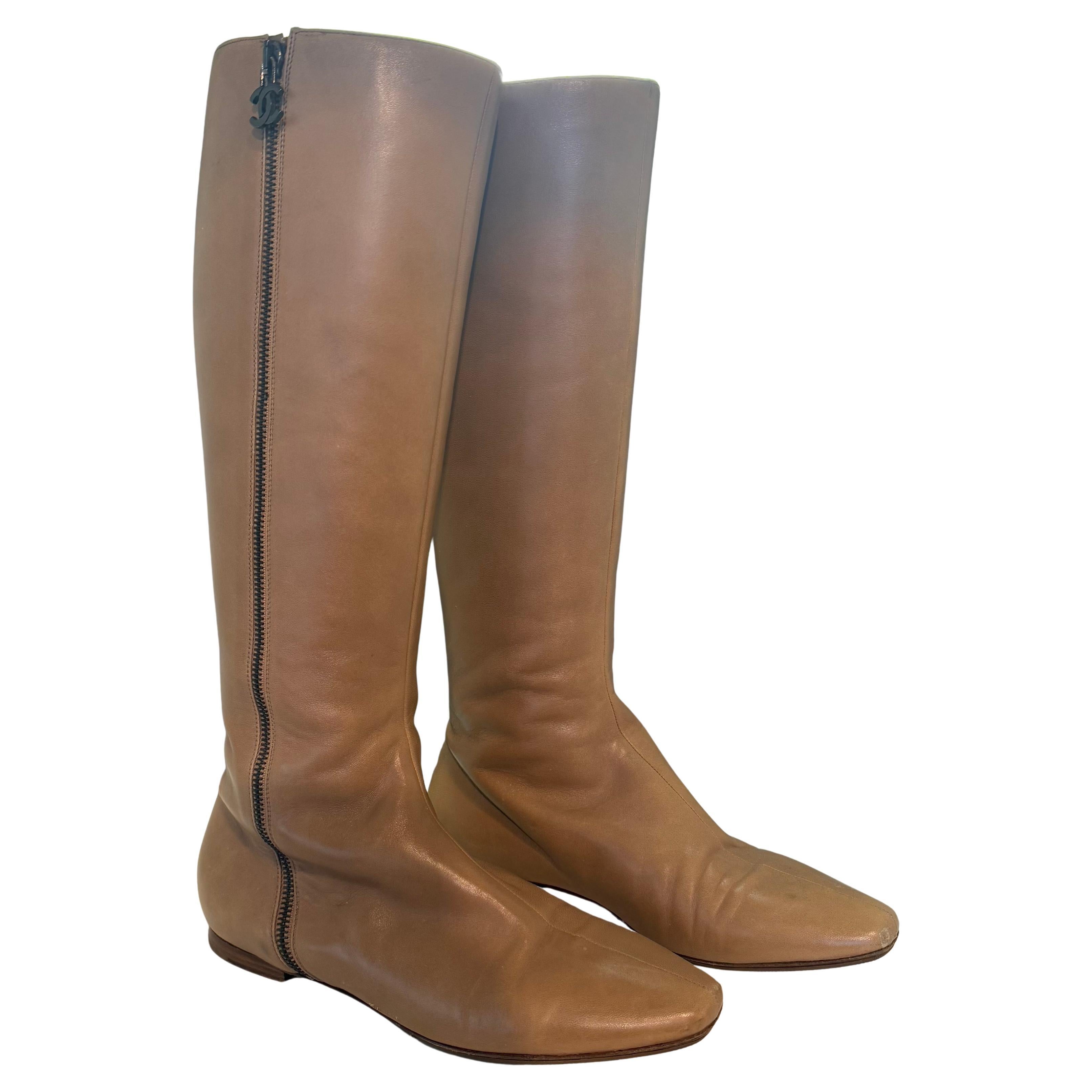 Vintage Chanel Camel Leather Boots IT 39 For Sale