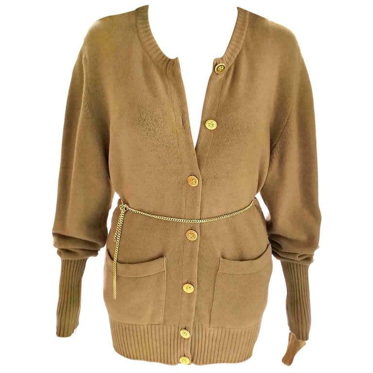 Vintage Chanel Camel Tan and Gold 100% Cashmere Sweater Cardigan FR 38/ US  4 6