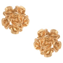 Vintage Chanel Camellia Earrings Round Clip Yellow Gold Tone Circa 1999