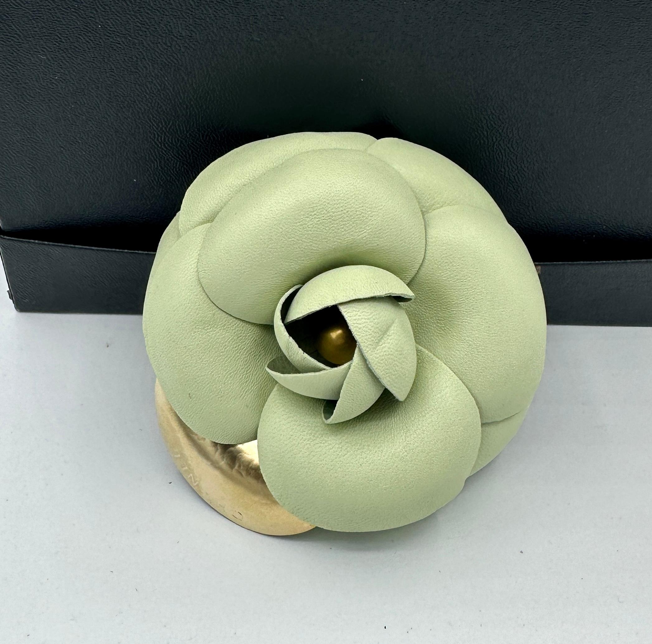 Contemporary Vintage Chanel Camellia Flower Leather Brooch Seafoam Green Made In France For Sale
