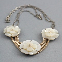 Vintage CHANEL Camellia Mother of Pearl Flower Multi Strand Necklace