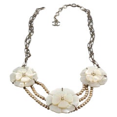 Vintage CHANEL Camellia Mother of Pearl Flower Multi Strand Necklace