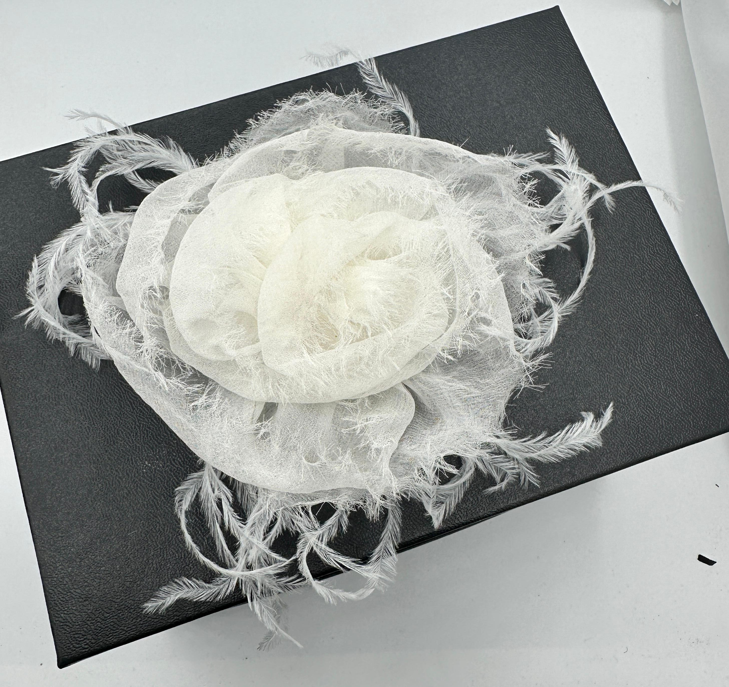 Contemporary Vintage Chanel Camellia White Silk Crepe and Feathers Brooch Made In France For Sale