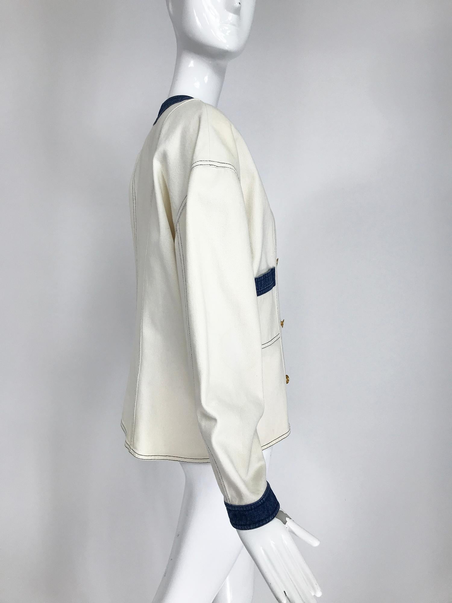 Gray Vintage Chanel Canvas and Denim Double Breasted Jacket 1980s