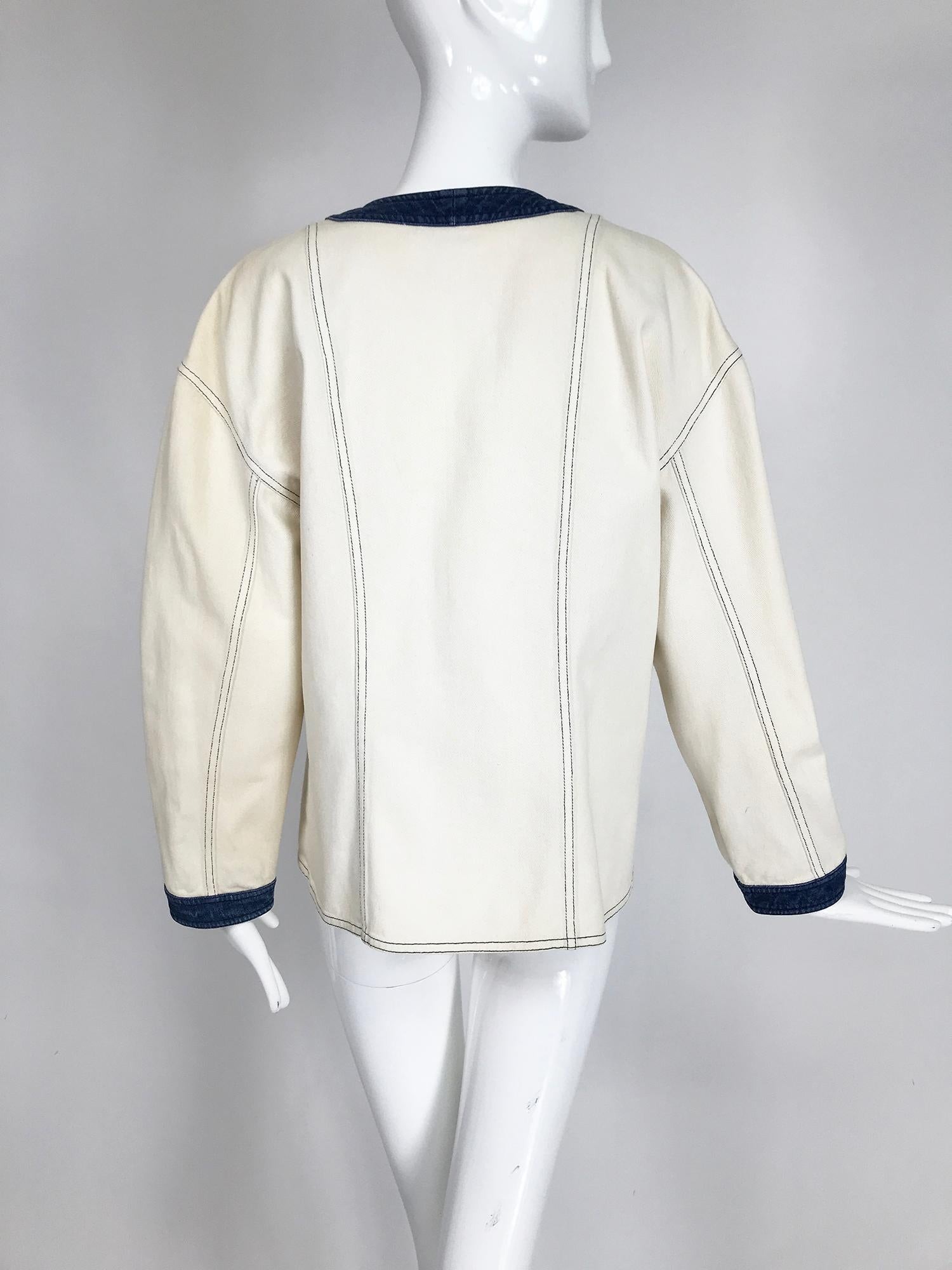 Vintage Chanel Canvas and Denim Double Breasted Jacket 1980s In Good Condition In West Palm Beach, FL