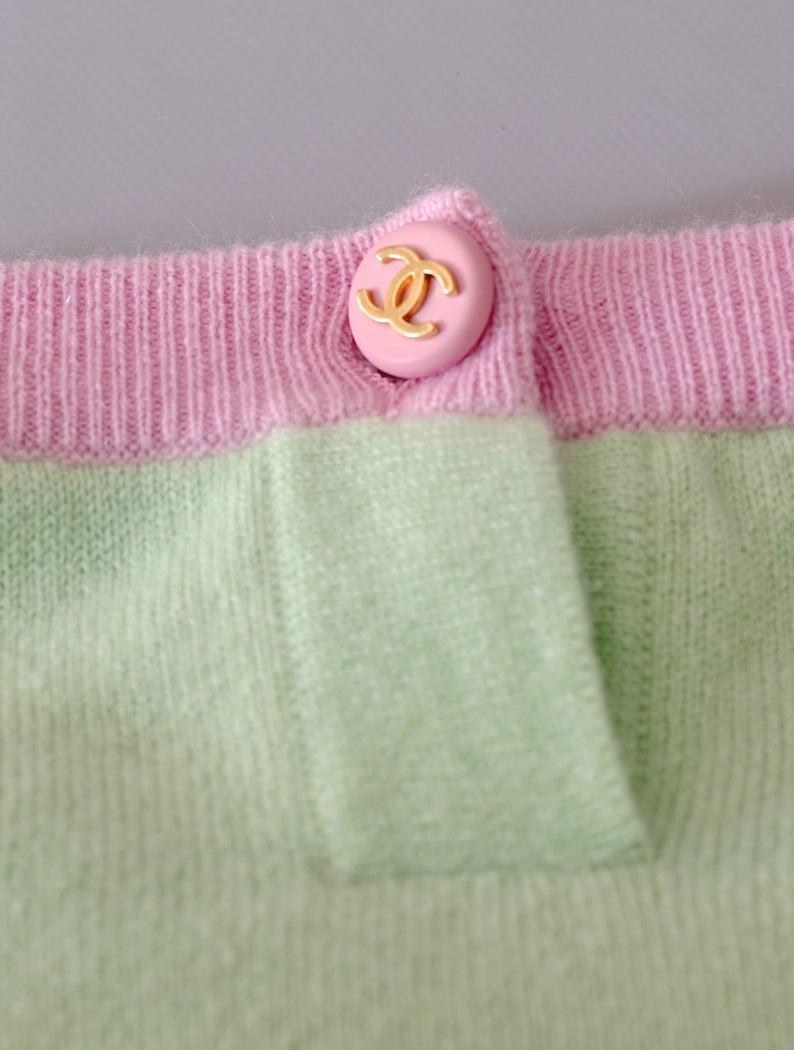 Women's Vintage CHANEL Cashmere Knit Melon Green Pink Trim CC Logo Button Top