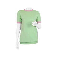 Vintage CHANEL Cashmere Knit Melon Green Pink Trim CC Logo Button Top