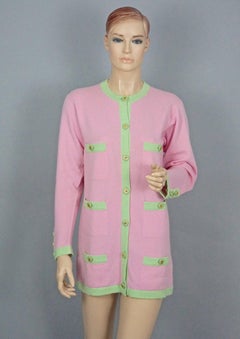 Vintage CHANEL Cashmere Knit Pink Melon Green Trim CC Logo Button Cardigan