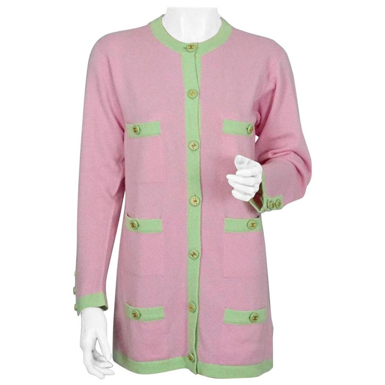 Vintage CHANEL Cashmere Knit Pink Melon Green Trim CC Logo Button Cardigan