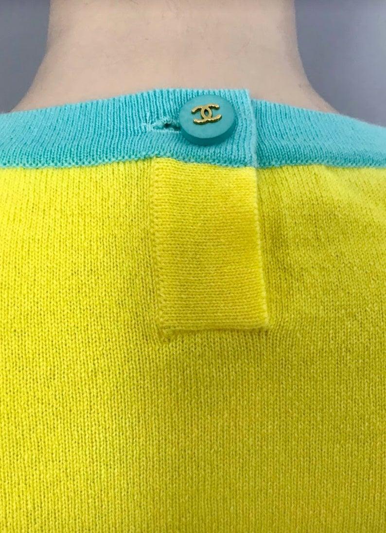 Vintage CHANEL Cashmere Knit Yellow Turquoise Trim CC Logo Button Top 1