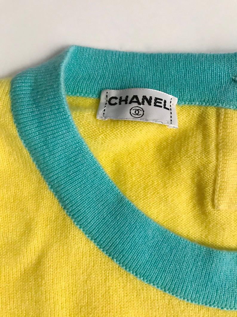 Vintage CHANEL Cashmere Knit Yellow Turquoise Trim CC Logo Button Top 2