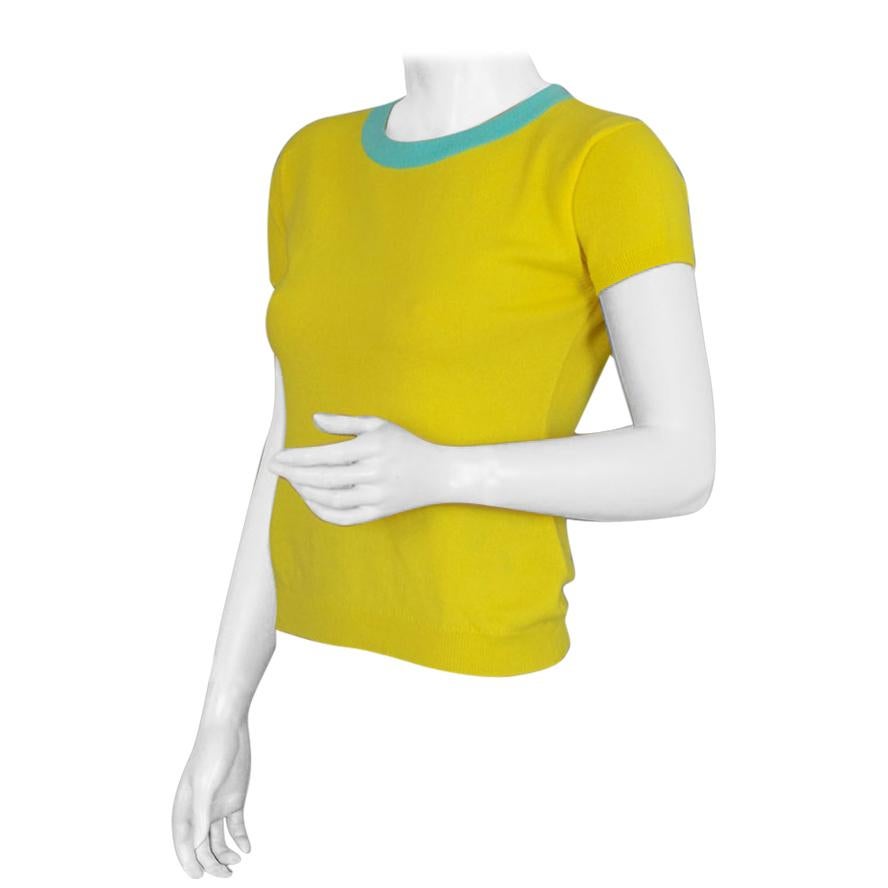Vintage CHANEL Cashmere Knit Yellow Turquoise Trim CC Logo Button Top