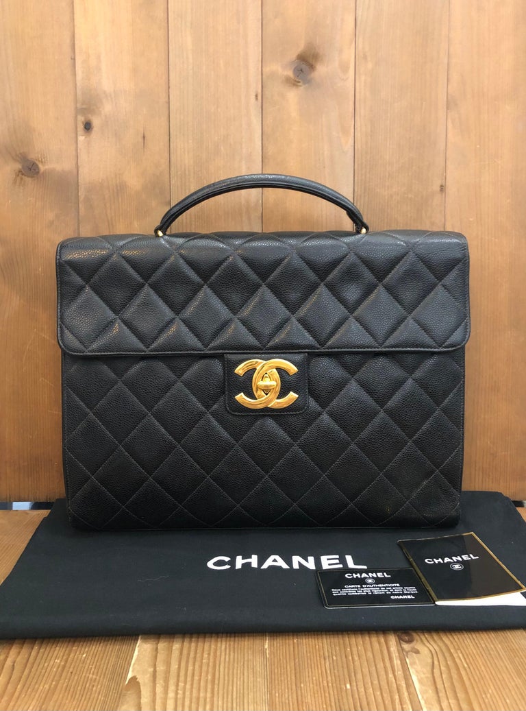 Vintage CHANEL Caviar Leather Jumbo Logo Briefcase Attaché Document Black  For Sale at 1stDibs