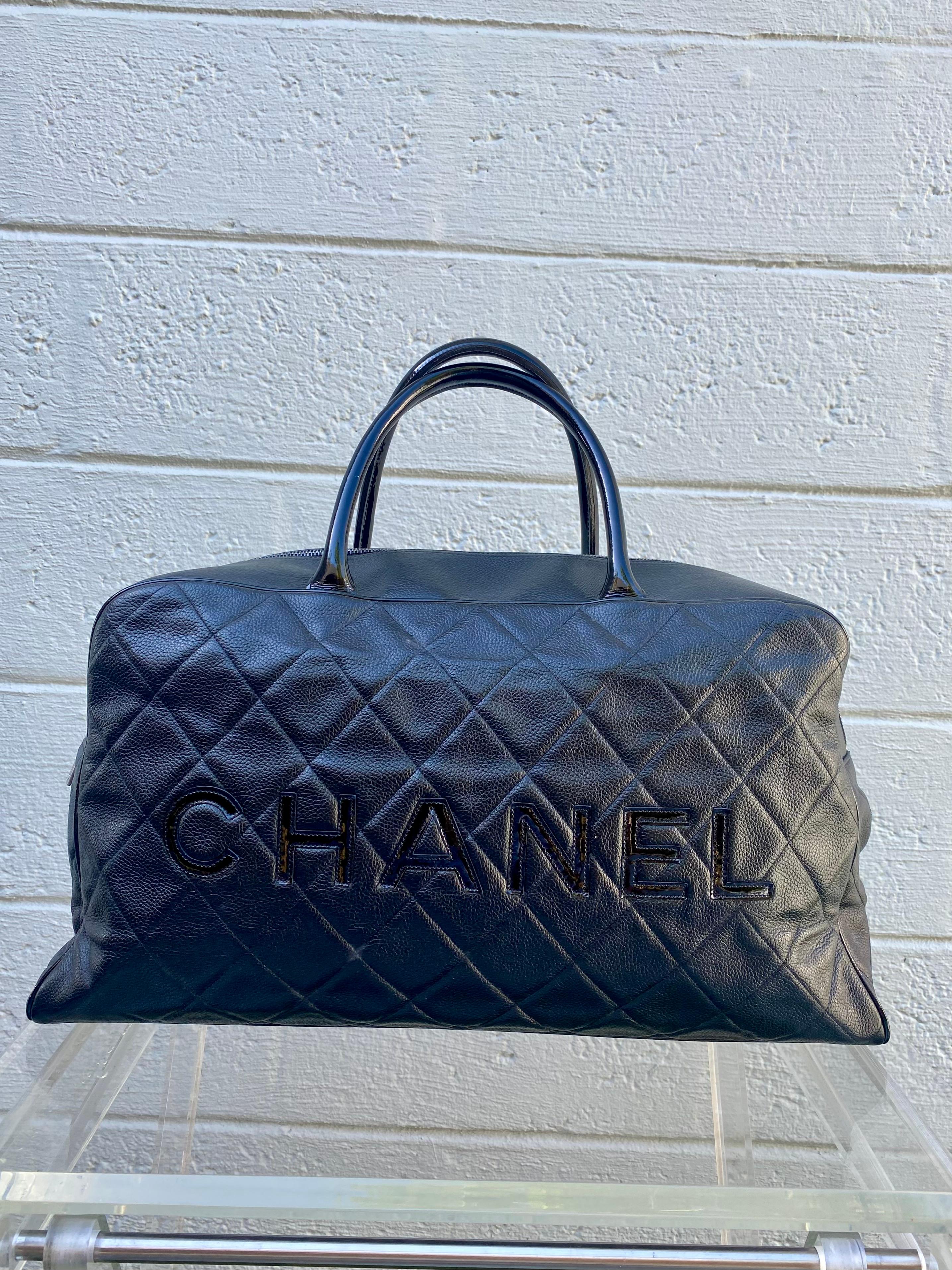 Chanel Rare Vintage Black Caviar Weekender Travel Duffle Shopper Bag For Sale 2