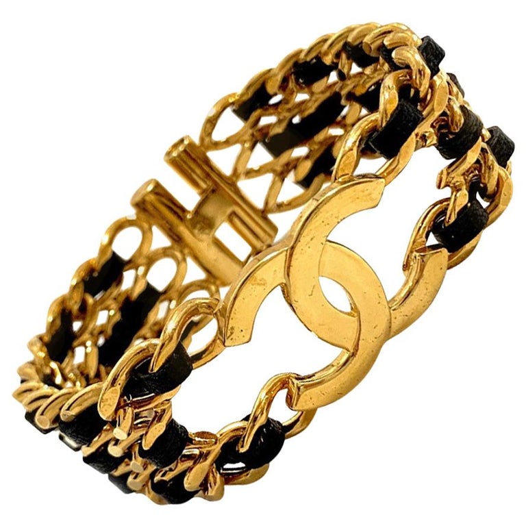 Vintage Chanel CC Gold Chain and Black Leather Bracelet at 1stDibs