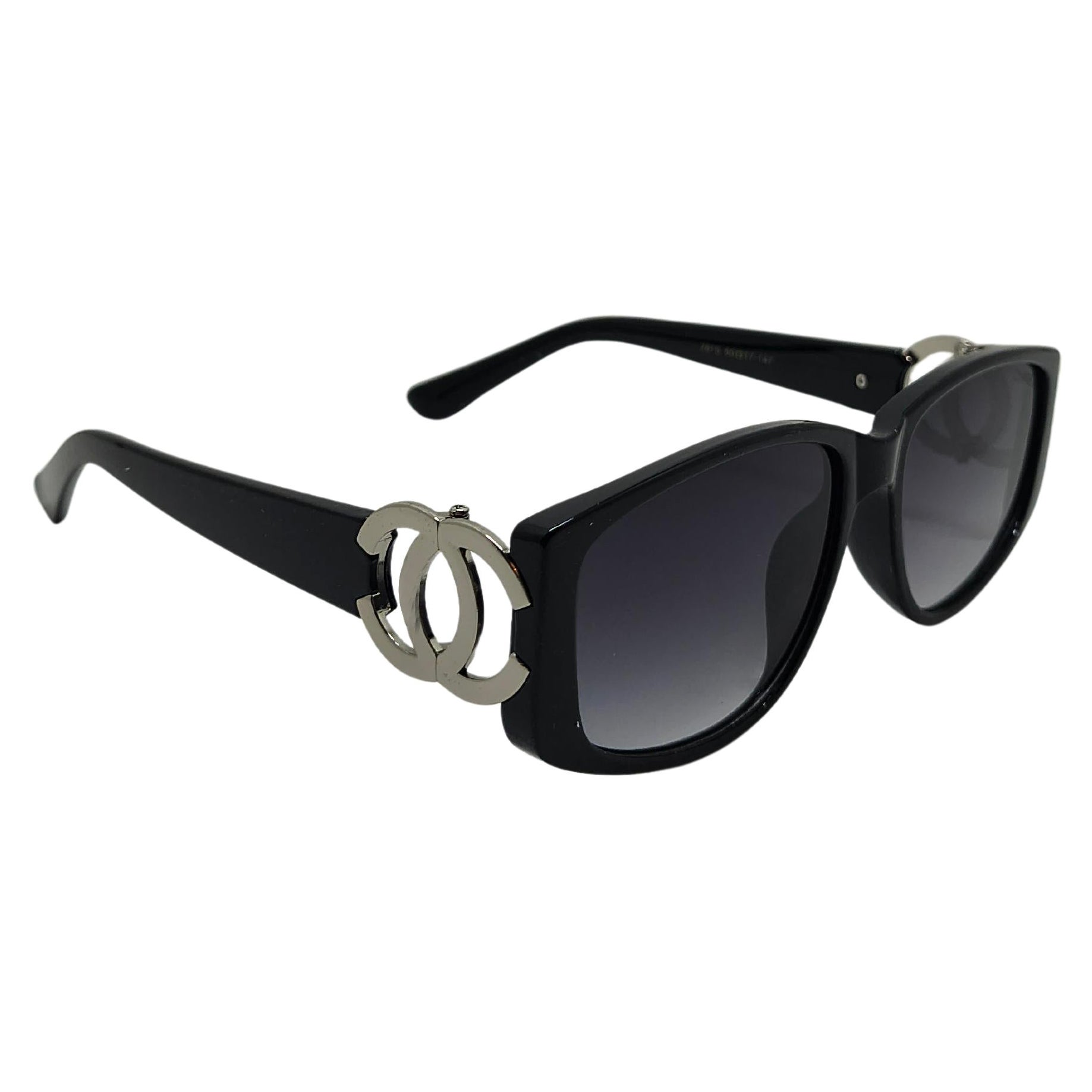 Vintage Chanel CC Interlocking Black Large Side Logo Grey Lens Sunglasses