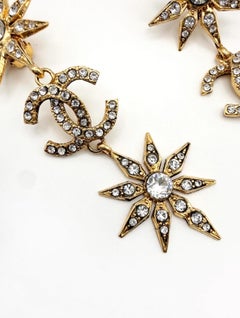 Vintage Chanel CC Logo and Star Gilt Diamanté Dangle Earrings