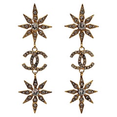Vintage Chanel CC Logo and Star Gilt Diamanté Dangle Earrings