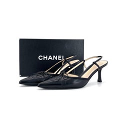 Vintage Chanel CC Logo Bow Black Leather Slingback Pointed Toe Pumps 38.5EU