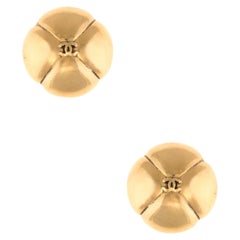 Vintage Chanel CC Logo Clip Earrings Yellow Gold Tone Domed Quilt