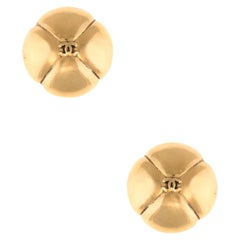Vintage Chanel CC Logo Clip Earrings Yellow Gold Tone Domed Quilt