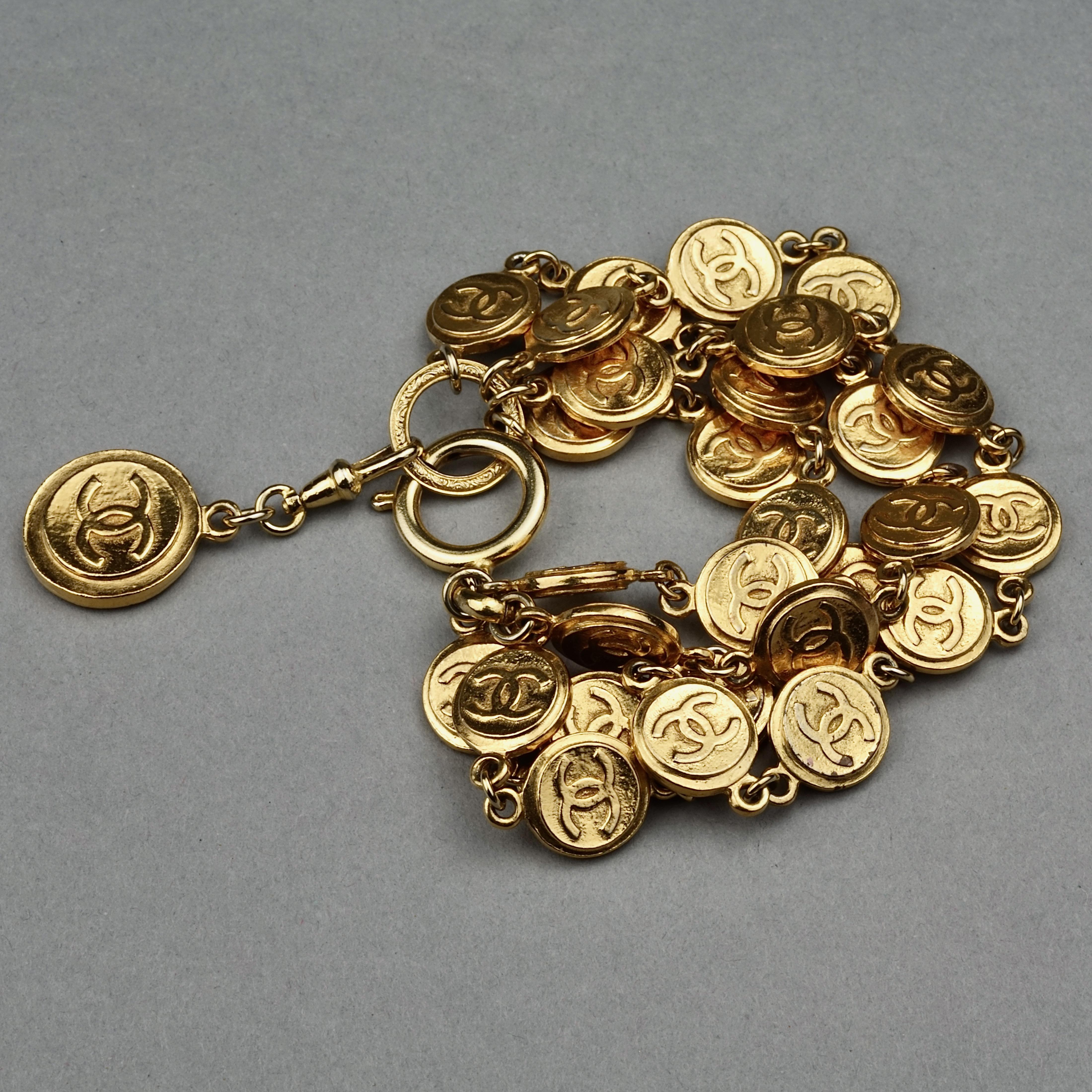 Vintage CHANEL CC Logo Coin Medallion Charm Multi Strand Bracelet 2