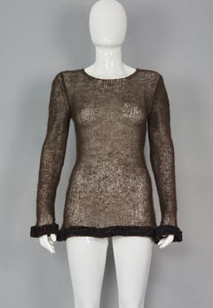 Vintage CHANEL CC Logo Frills Brown Knitted Wool Sweater