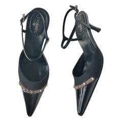 Vintage Chanel CC Logo Patent Cap Toe Pointed Toe Black Pumps 37