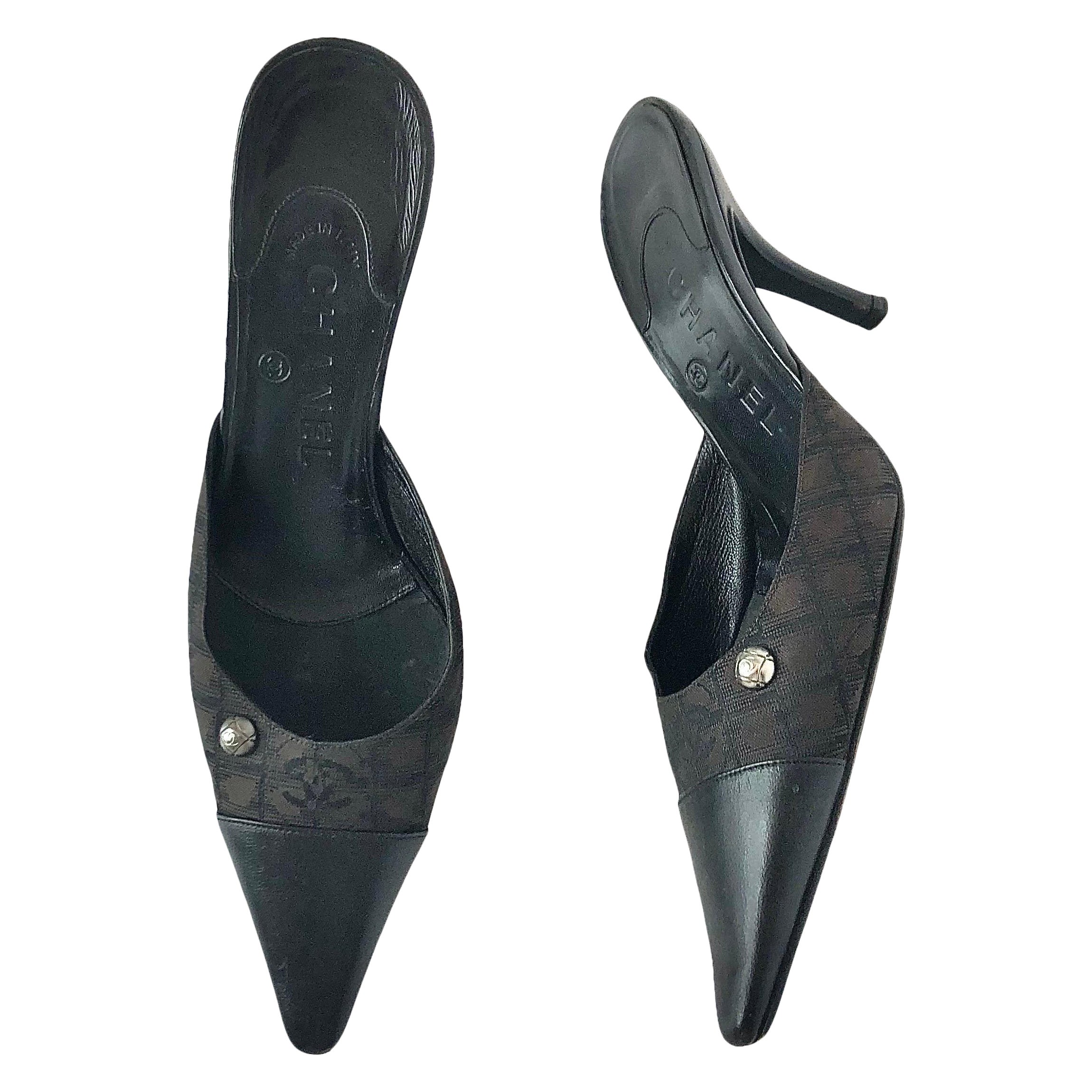 Vintage Chanel Logo Print Pointed Toe Mules Pumps 36.5