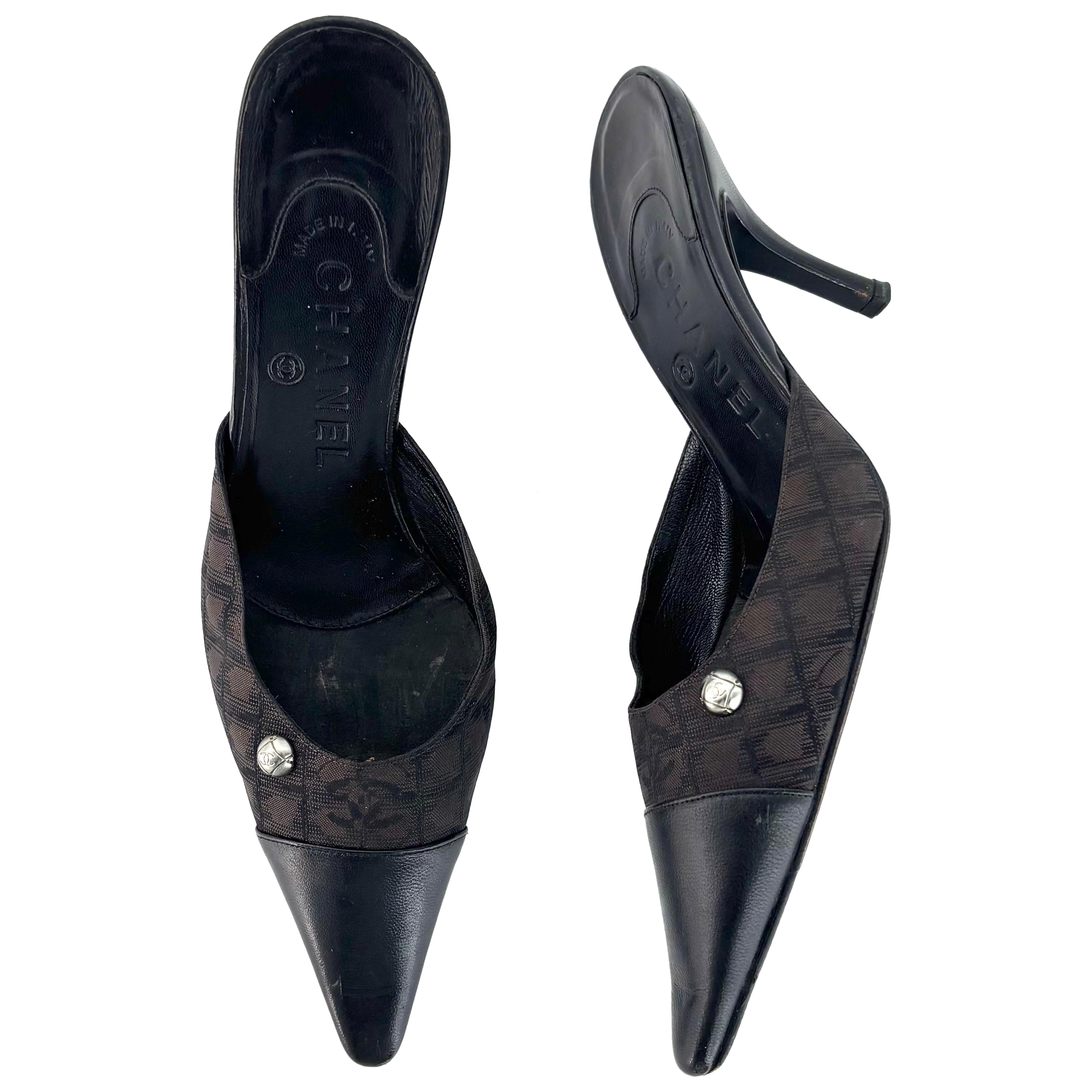 Vintage Chanel Logo Print Pointed Toe Mules Pumps 36.5