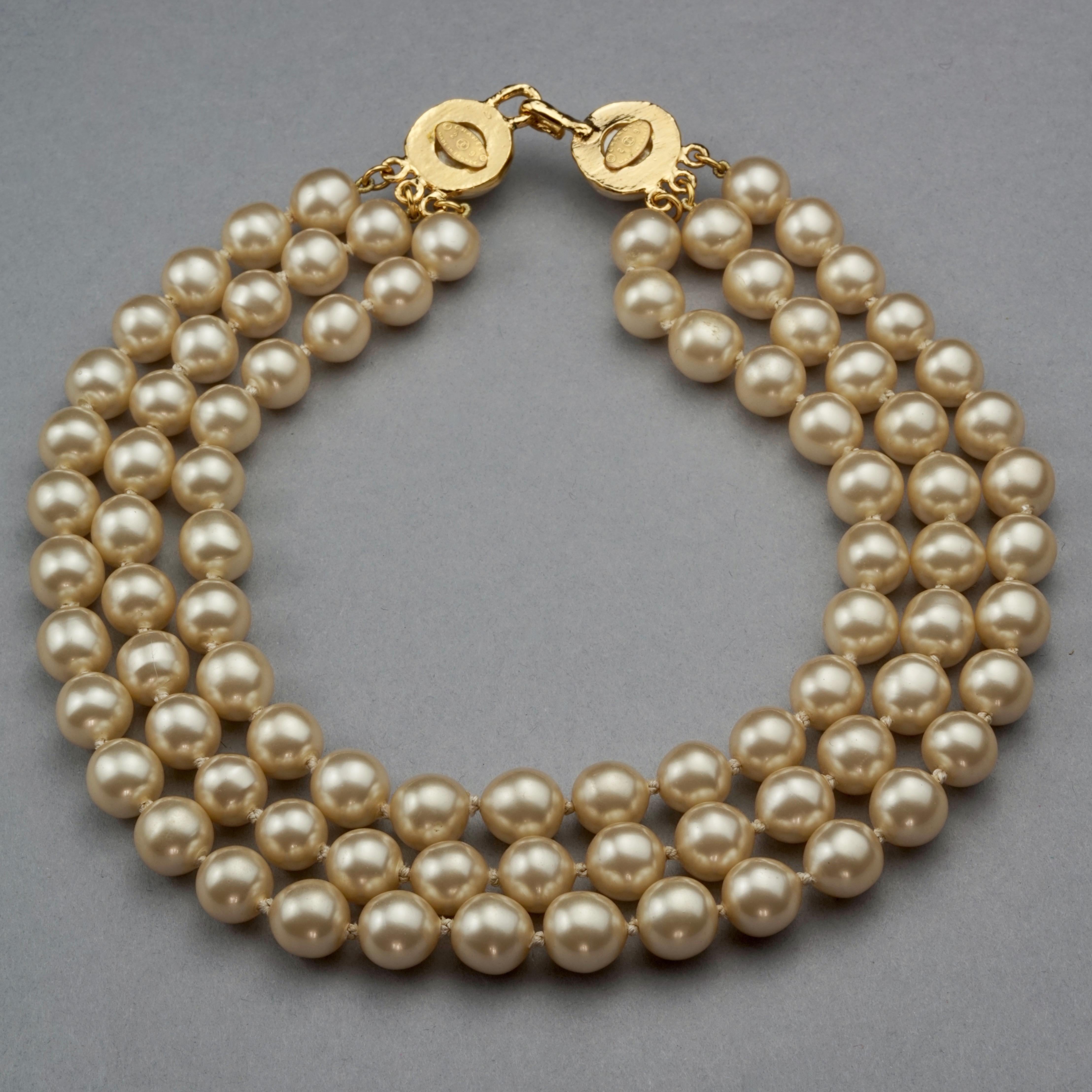 Vintage CHANEL CC Logo Triple Strand Pearl Necklace For Sale 2