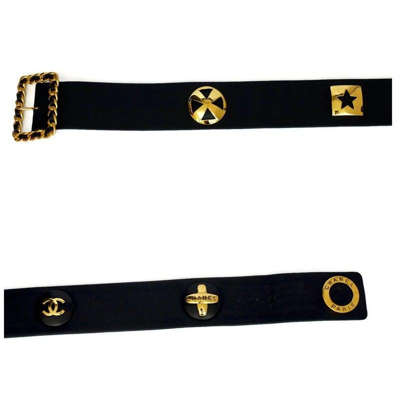 Vintage CHANEL Chain Leather Metal Emblem Belt

Measurements:
Will Fit Waists:  28.93 inches, 29.72 inches, 30.51 inches (73.5 cm, 75.5 cm, 77.5 cm).
Height: 3.07 inches (7.8 cm)
Overall Length: 35.04 inches (89 cm)

This Vintage CHANEL Chain