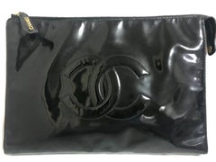 Chanel Vintage classic black patent enamel document bag / large clutch purse